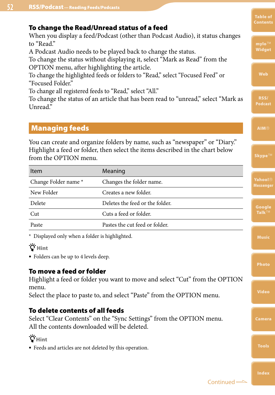 Managing feeds | Sony COM-2 User Manual | Page 52 / 270