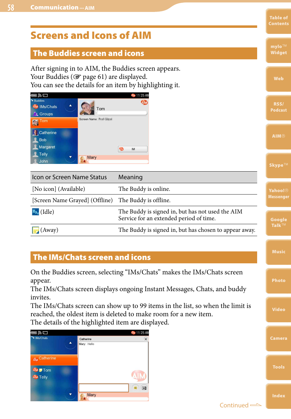 Screens and icons of aim, The buddies screen and icons, The ims/chats screen and icons | Sony COM-2 User Manual | Page 58 / 270