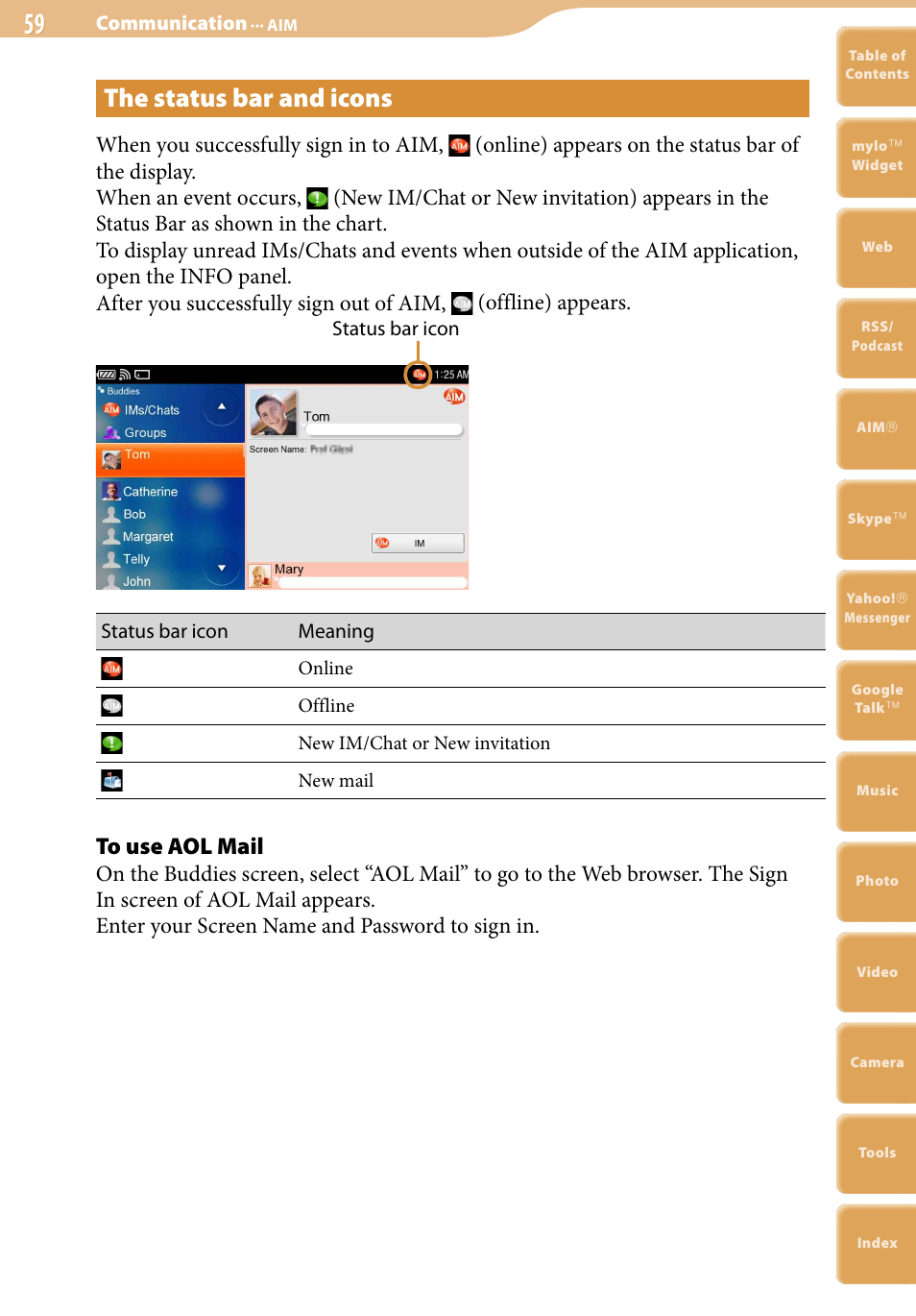 The status bar and icons | Sony COM-2 User Manual | Page 59 / 270