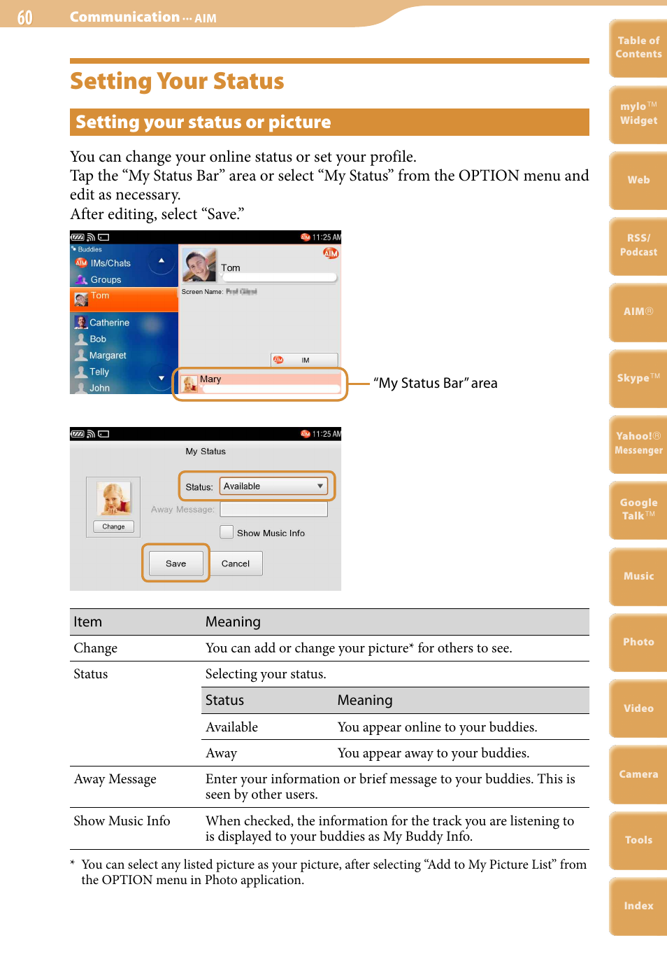 Setting your status, Setting your status or picture | Sony COM-2 User Manual | Page 60 / 270