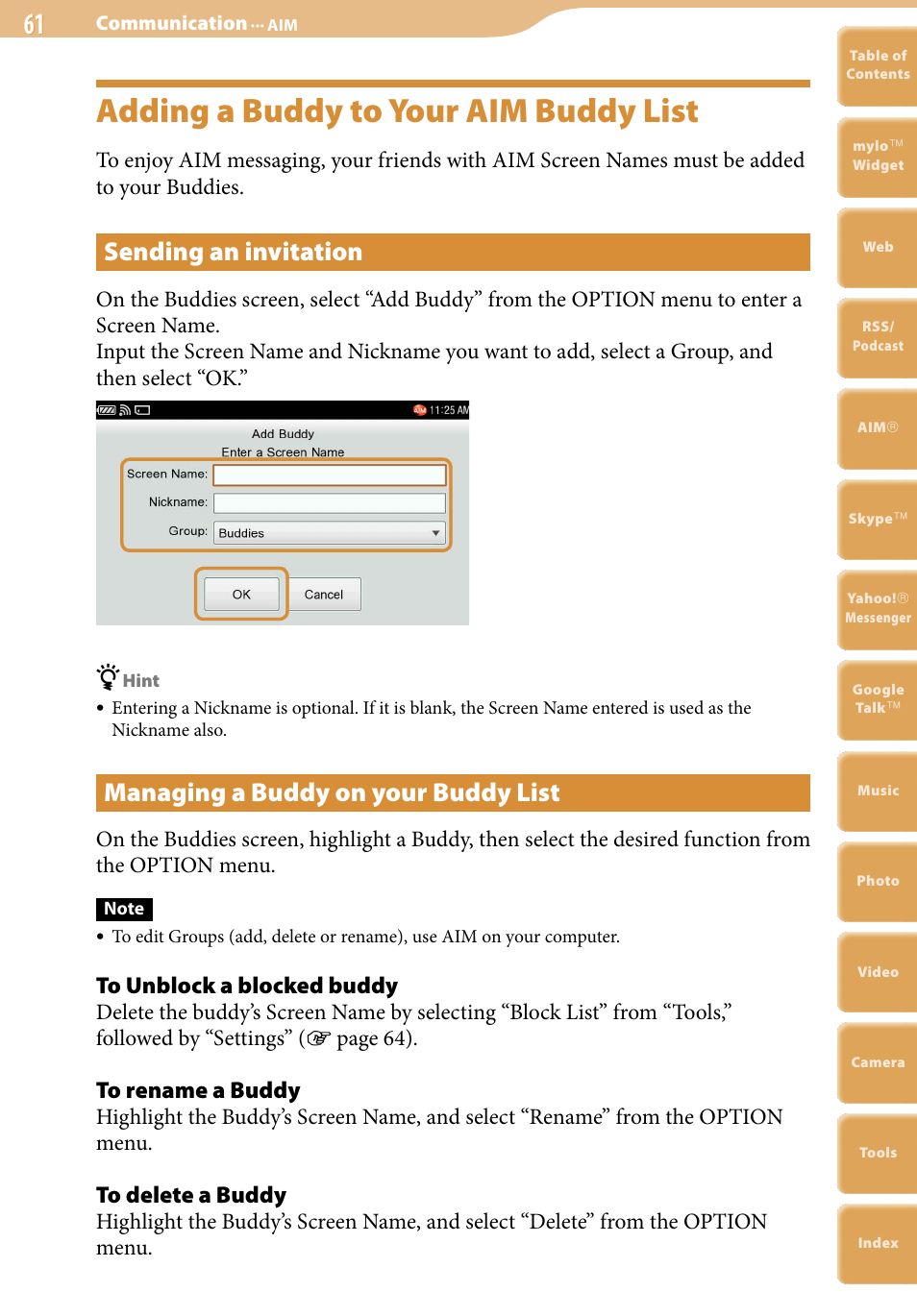 Adding a buddy to your aim buddy list, Sending an invitation, Managing a buddy on your buddy list | Sony COM-2 User Manual | Page 61 / 270