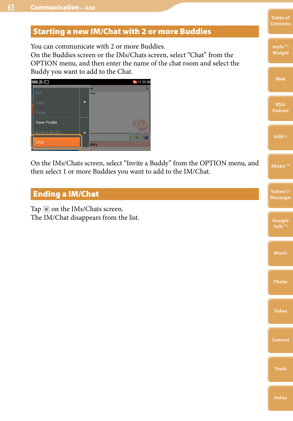 Starting a new im/chat with 2 or more buddies, Ending a im/chat | Sony COM-2 User Manual | Page 63 / 270