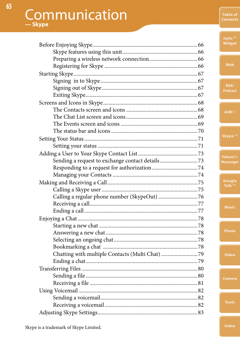 Skype, Communication | Sony COM-2 User Manual | Page 65 / 270