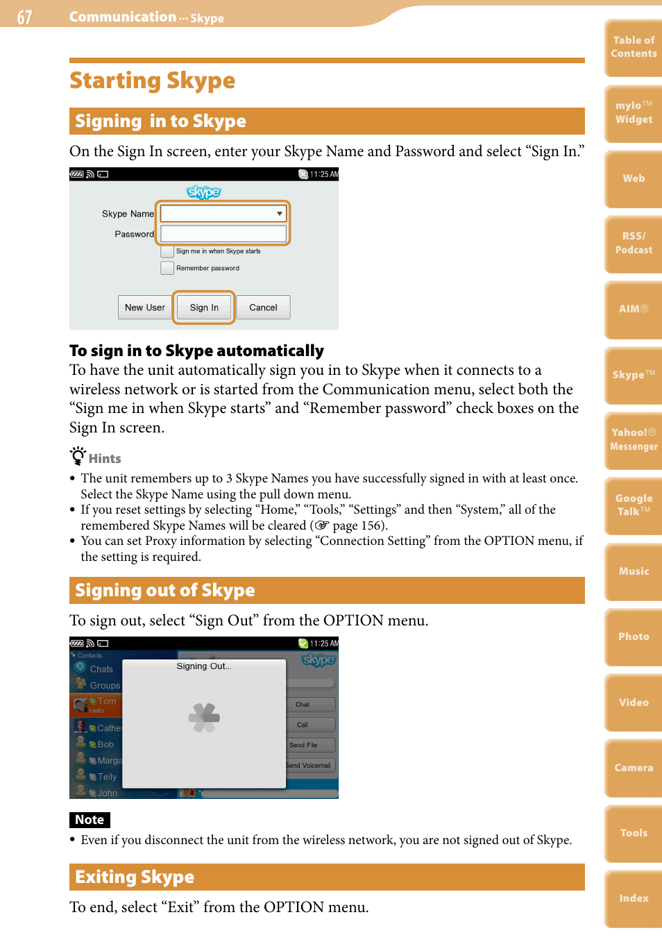 Starting skype, Signing in to skype, Signing out of skype | Exiting skype | Sony COM-2 User Manual | Page 67 / 270