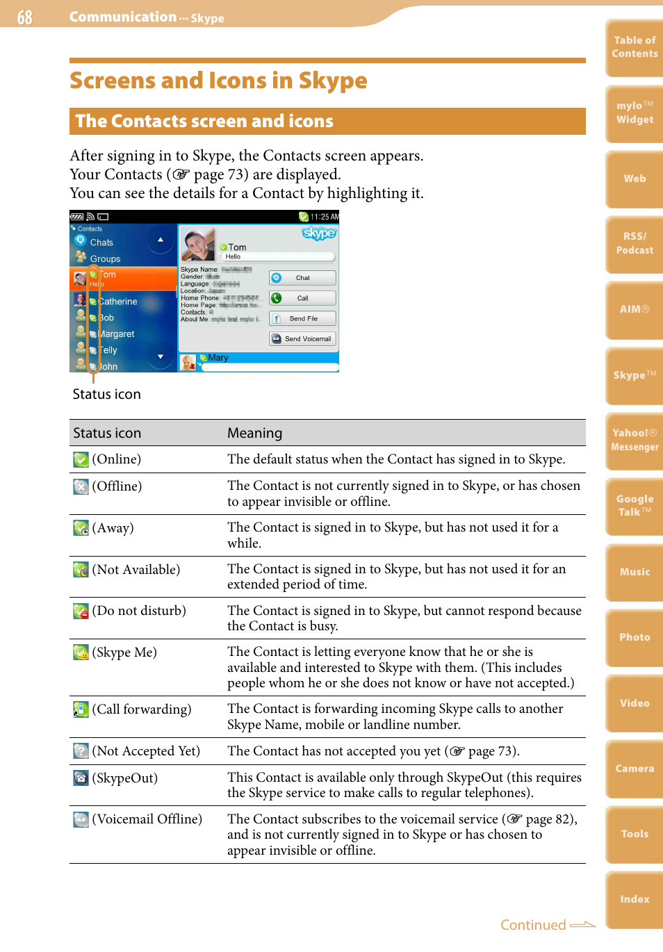 Screens and icons in skype, The contacts screen and icons | Sony COM-2 User Manual | Page 68 / 270