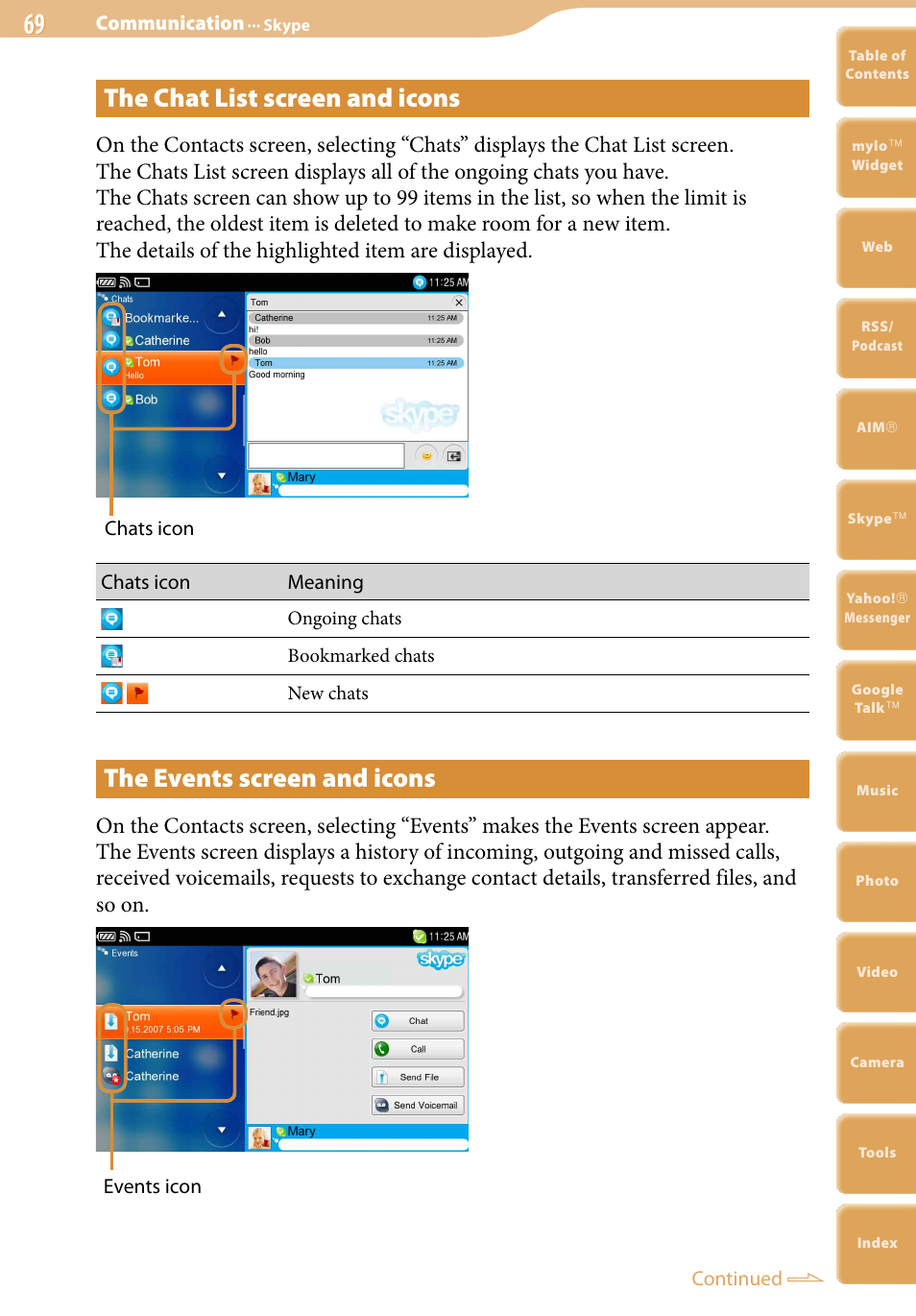 The chat list screen and icons, The events screen and icons | Sony COM-2 User Manual | Page 69 / 270