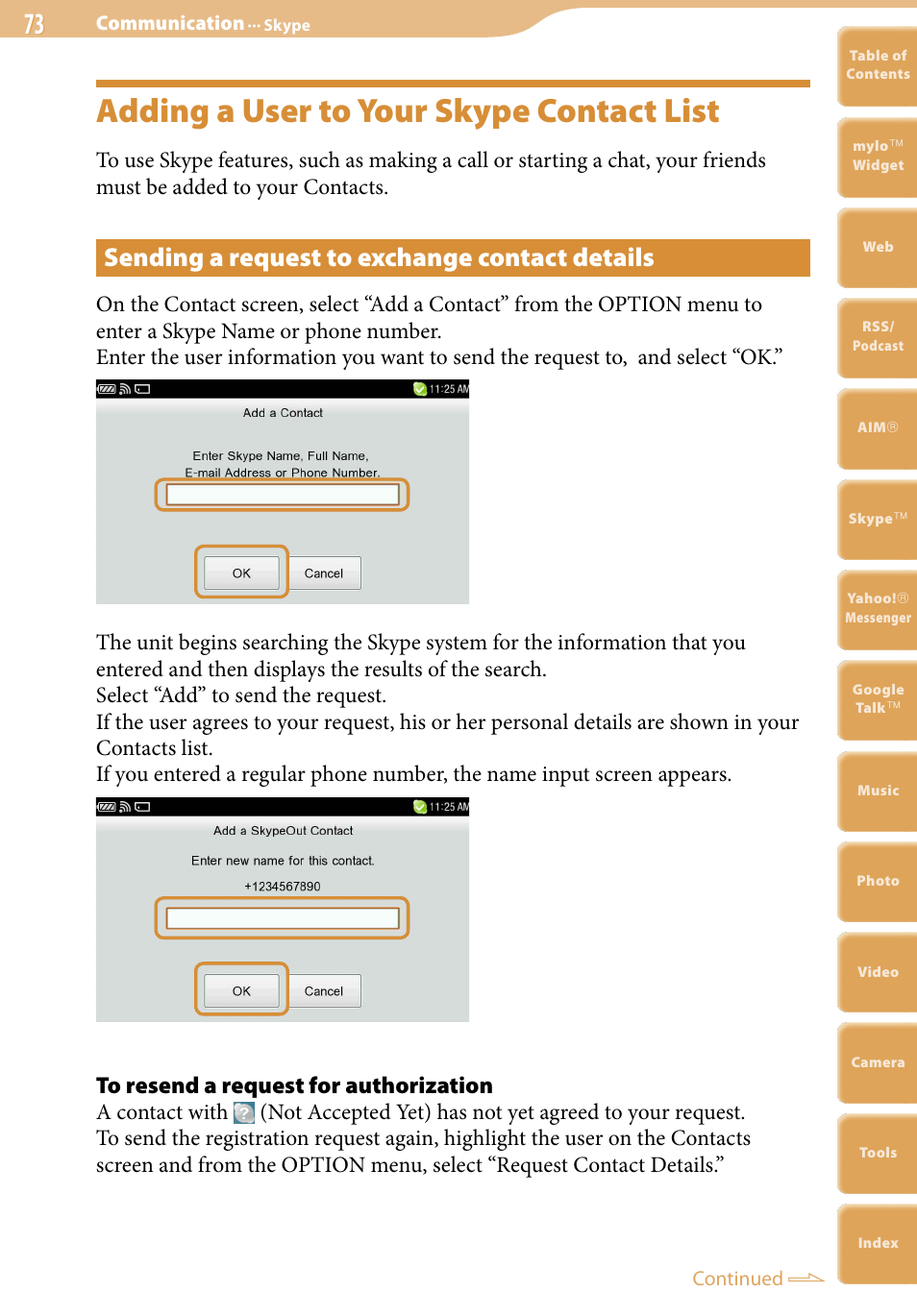 Adding a user to your skype contact list, Sending a request to exchange contact details | Sony COM-2 User Manual | Page 73 / 270