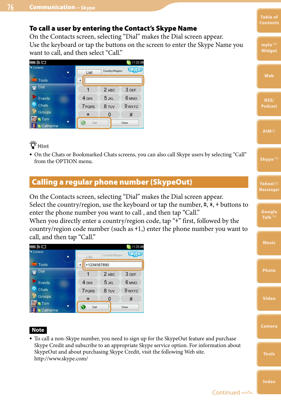Calling a regular phone number (skypeout) | Sony COM-2 User Manual | Page 76 / 270