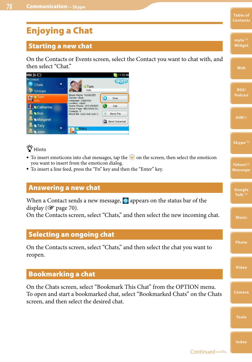 Enjoying a chat, Starting a new chat, Answering a new chat | Selecting an ongoing chat, Bookmarking a chat | Sony COM-2 User Manual | Page 78 / 270