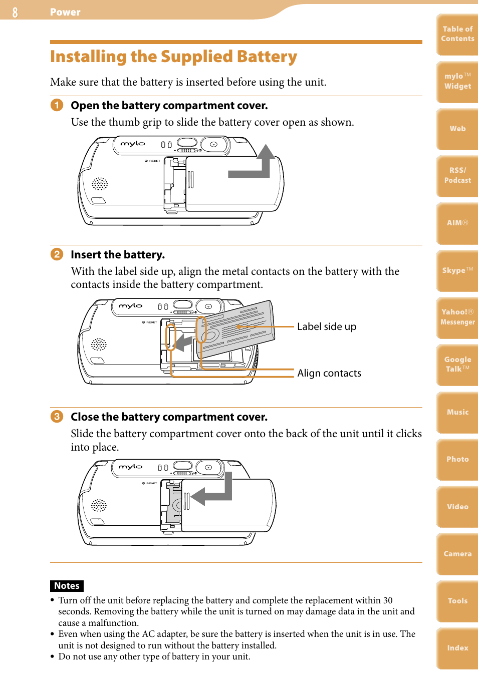 Installing the supplied battery | Sony COM-2 User Manual | Page 8 / 270