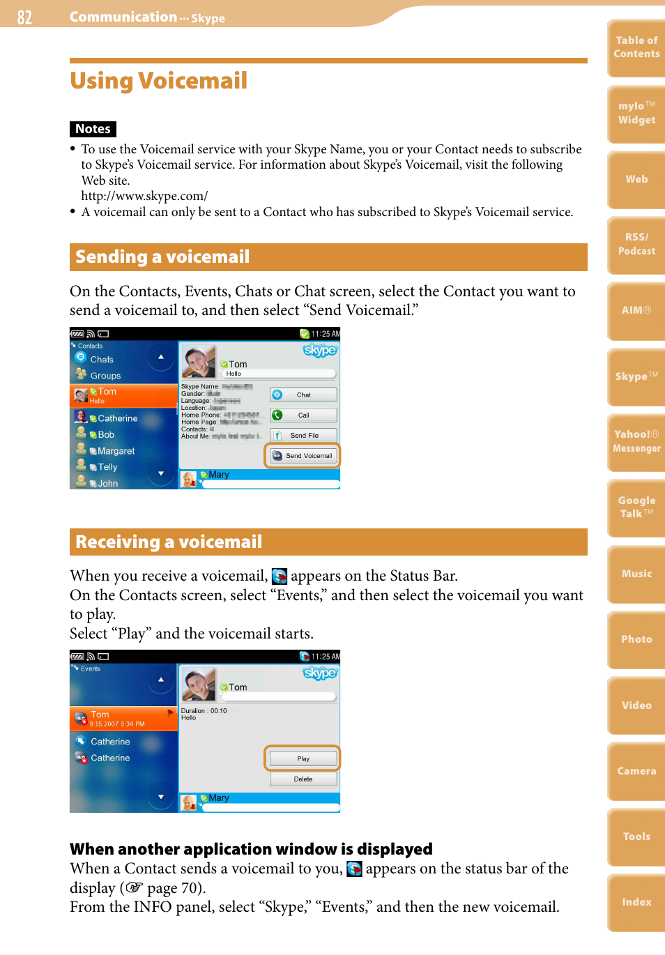 Using voicemail, Sending a voicemail, Receiving a voicemail | When another application window is displayed | Sony COM-2 User Manual | Page 82 / 270