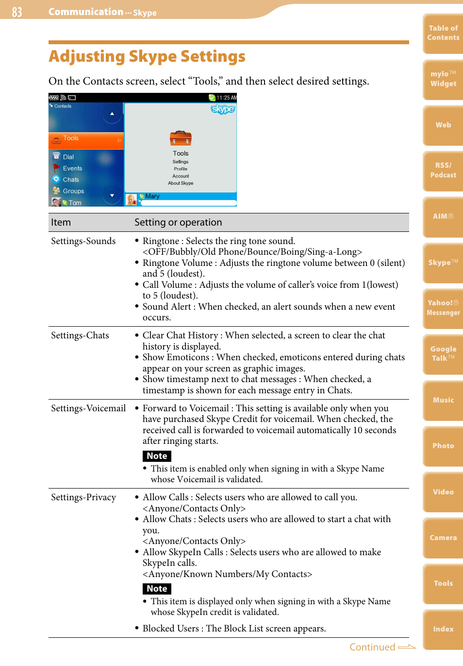 Adjusting skype settings | Sony COM-2 User Manual | Page 83 / 270