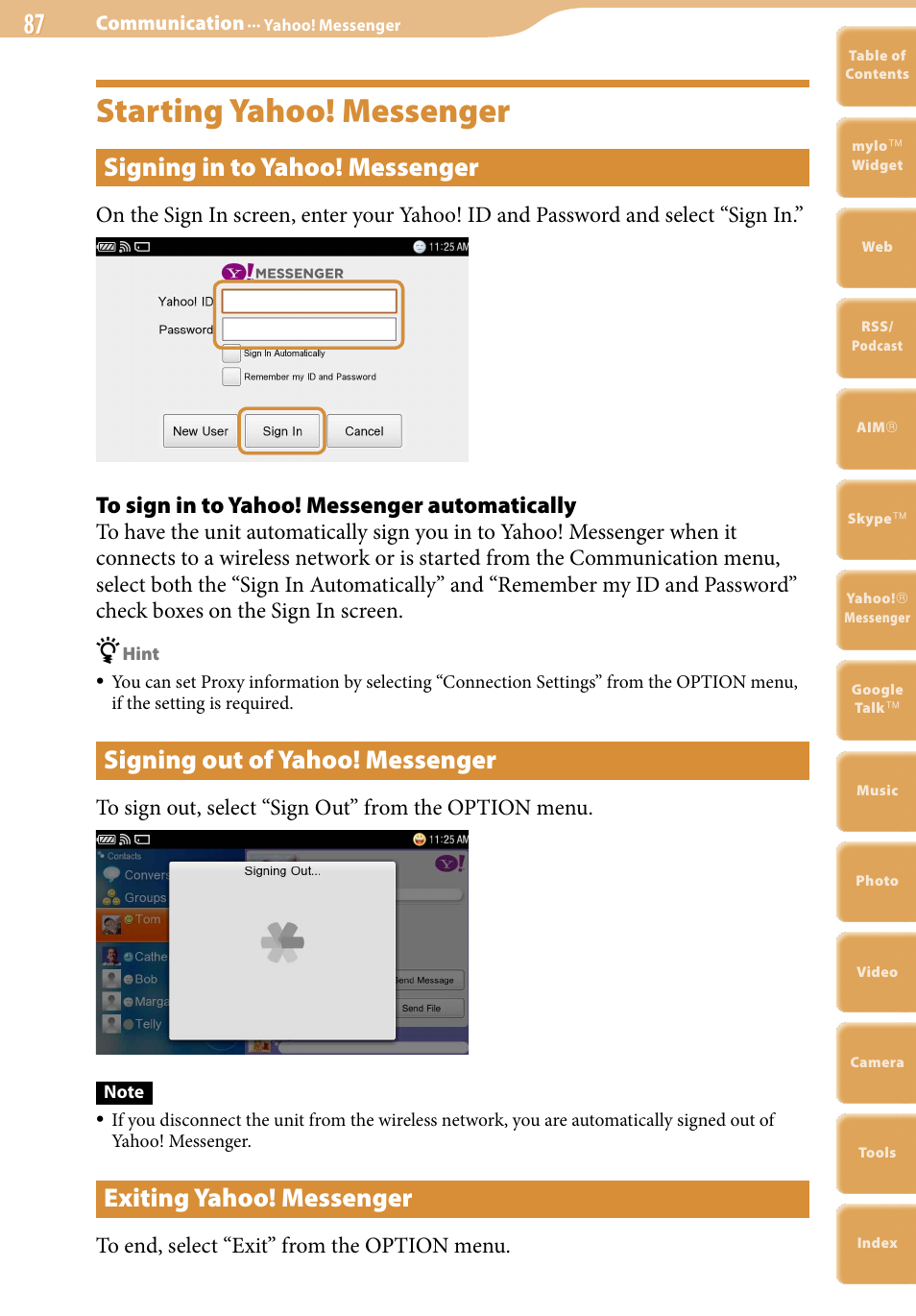 Starting yahoo! messenger, Signing in to yahoo! messenger, Signing out of yahoo! messenger | Exiting yahoo! messenger | Sony COM-2 User Manual | Page 87 / 270
