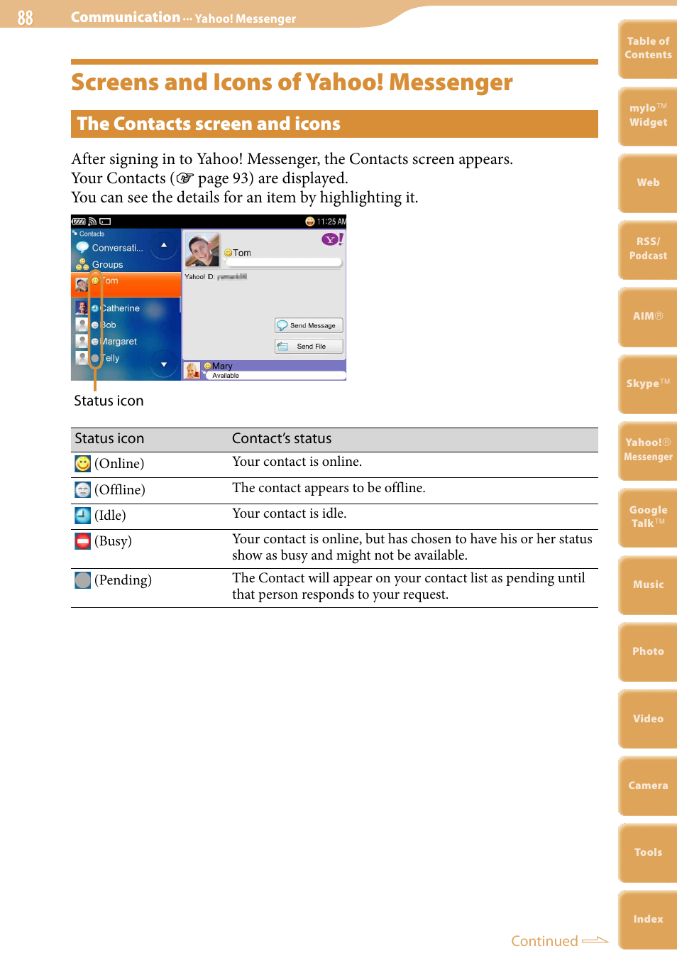 Screens and icons of yahoo! messenger, The contacts screen and icons | Sony COM-2 User Manual | Page 88 / 270
