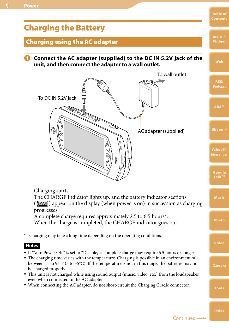 Charging the battery, Charging using the ac adapter | Sony COM-2 User Manual | Page 9 / 270