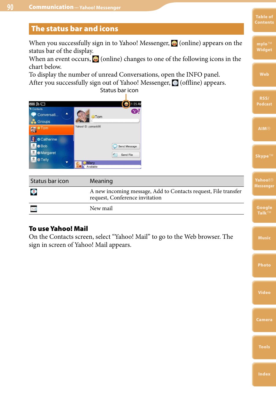 The status bar and icons | Sony COM-2 User Manual | Page 90 / 270