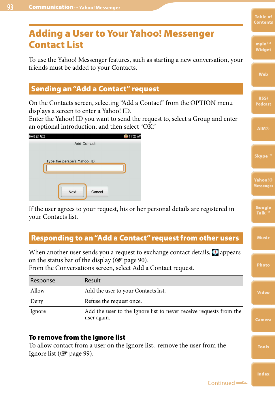 Sending an “add a contact” request | Sony COM-2 User Manual | Page 93 / 270