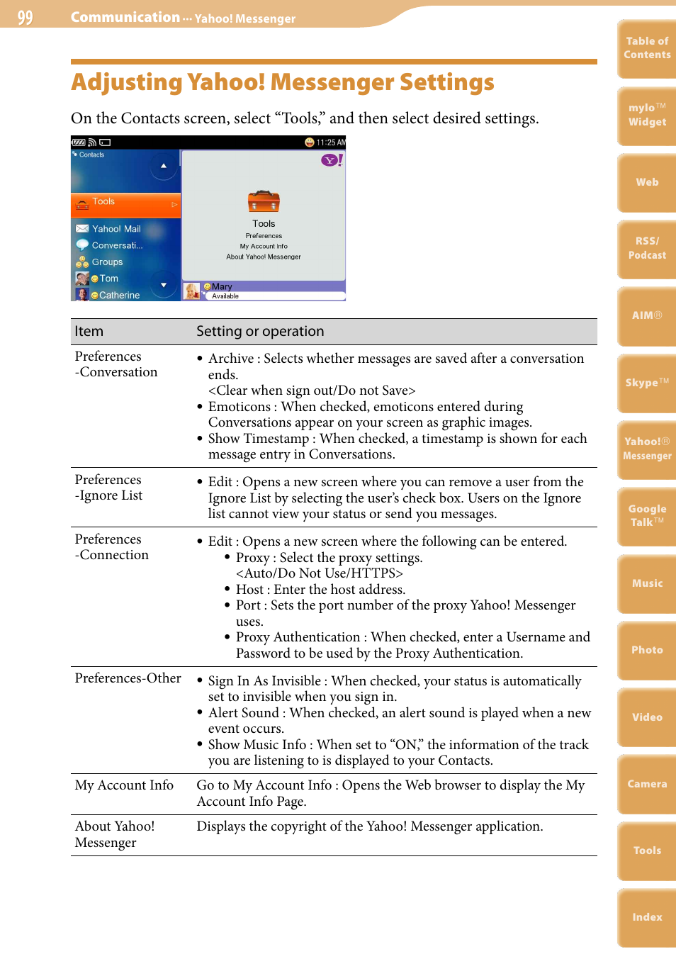 Adjusting yahoo! messenger settings | Sony COM-2 User Manual | Page 99 / 270