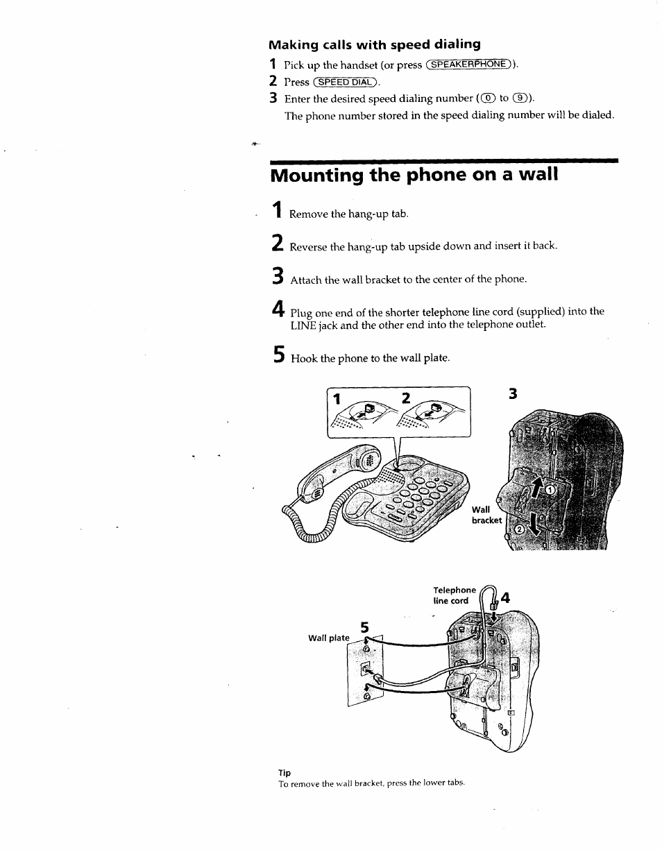 Making calls with speed dialing, Mounting the phone on a wall | Sony IT-B9 User Manual | Page 13 / 28