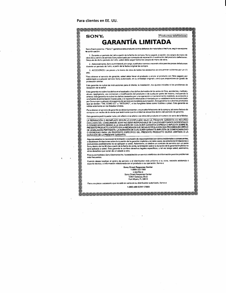 Para clientes en ее. uu, Garantía limitada, Son"v | Sony IT-B9 User Manual | Page 16 / 28