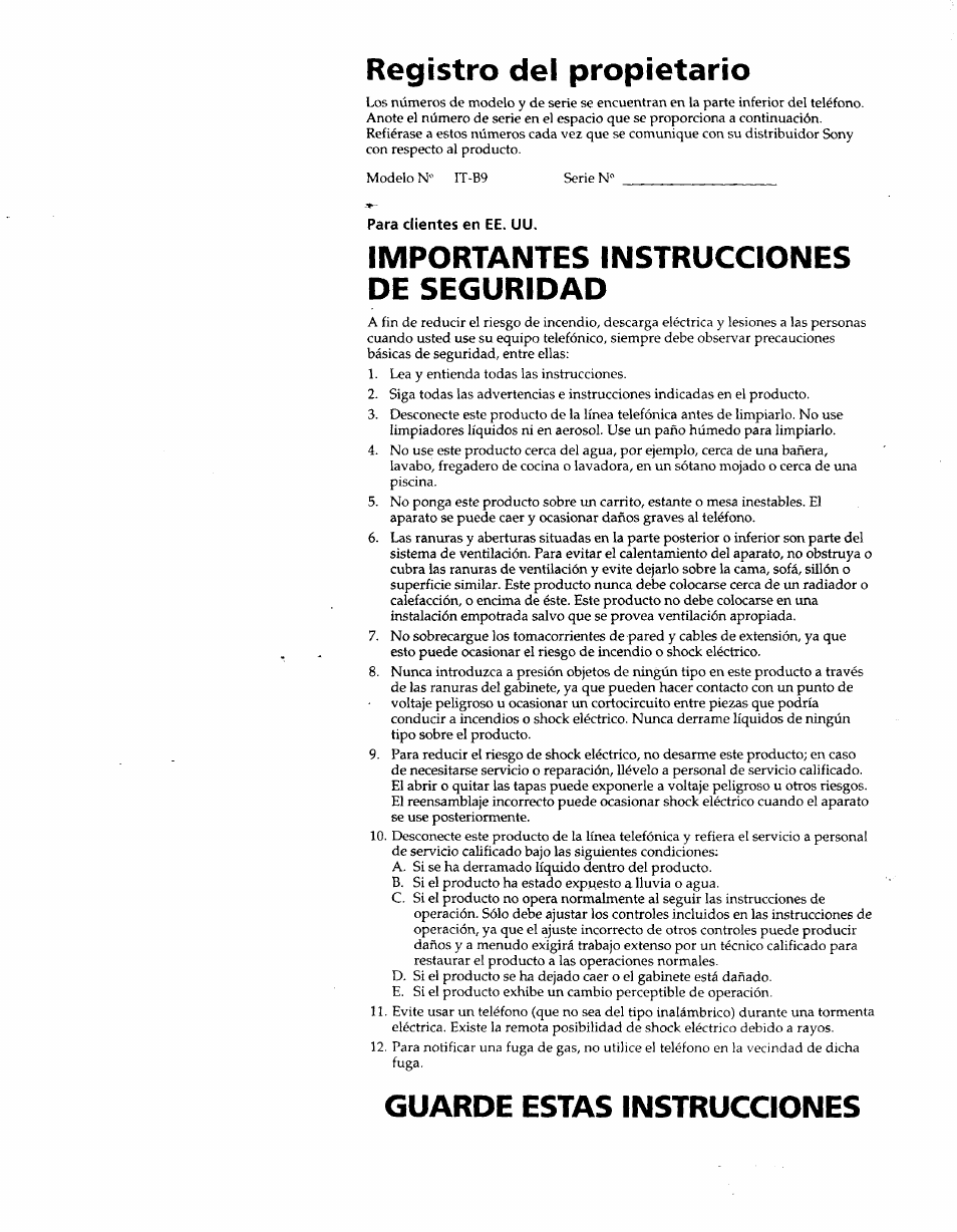 Para clientes en ее. uu, Registro del propietario, Importantes instrucciones de seguridad | Guarde estas instrucciones | Sony IT-B9 User Manual | Page 17 / 28