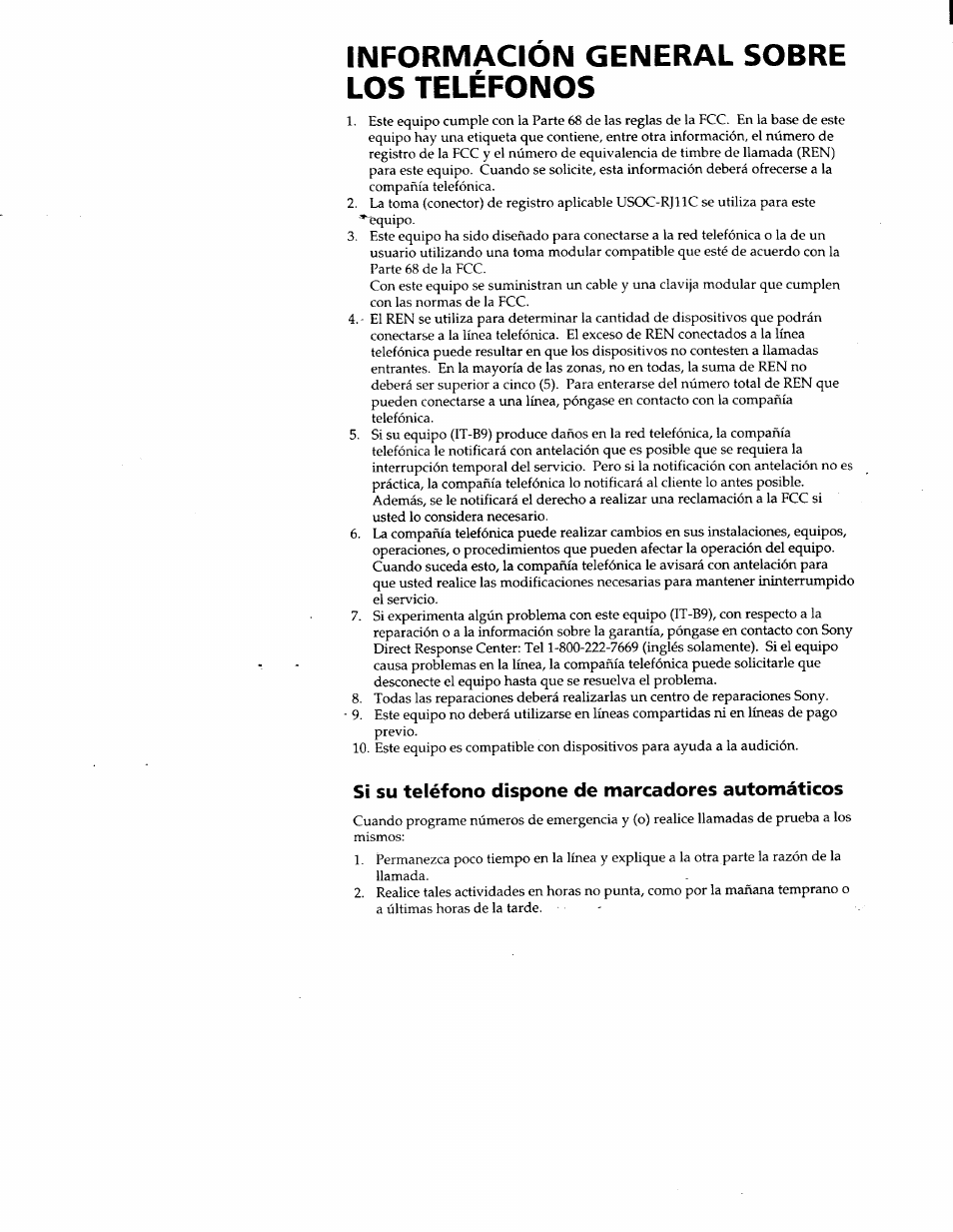 Si su teléfono dispone de marcadores automáticos, Información general sobre los teléfonos | Sony IT-B9 User Manual | Page 18 / 28