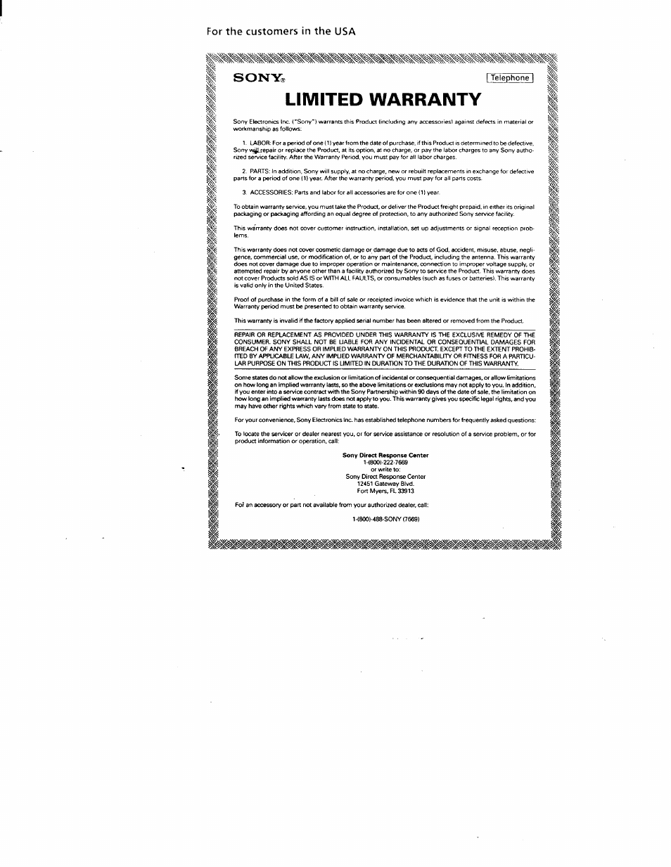 Limited warranty, For the customers in the usa | Sony IT-B9 User Manual | Page 2 / 28