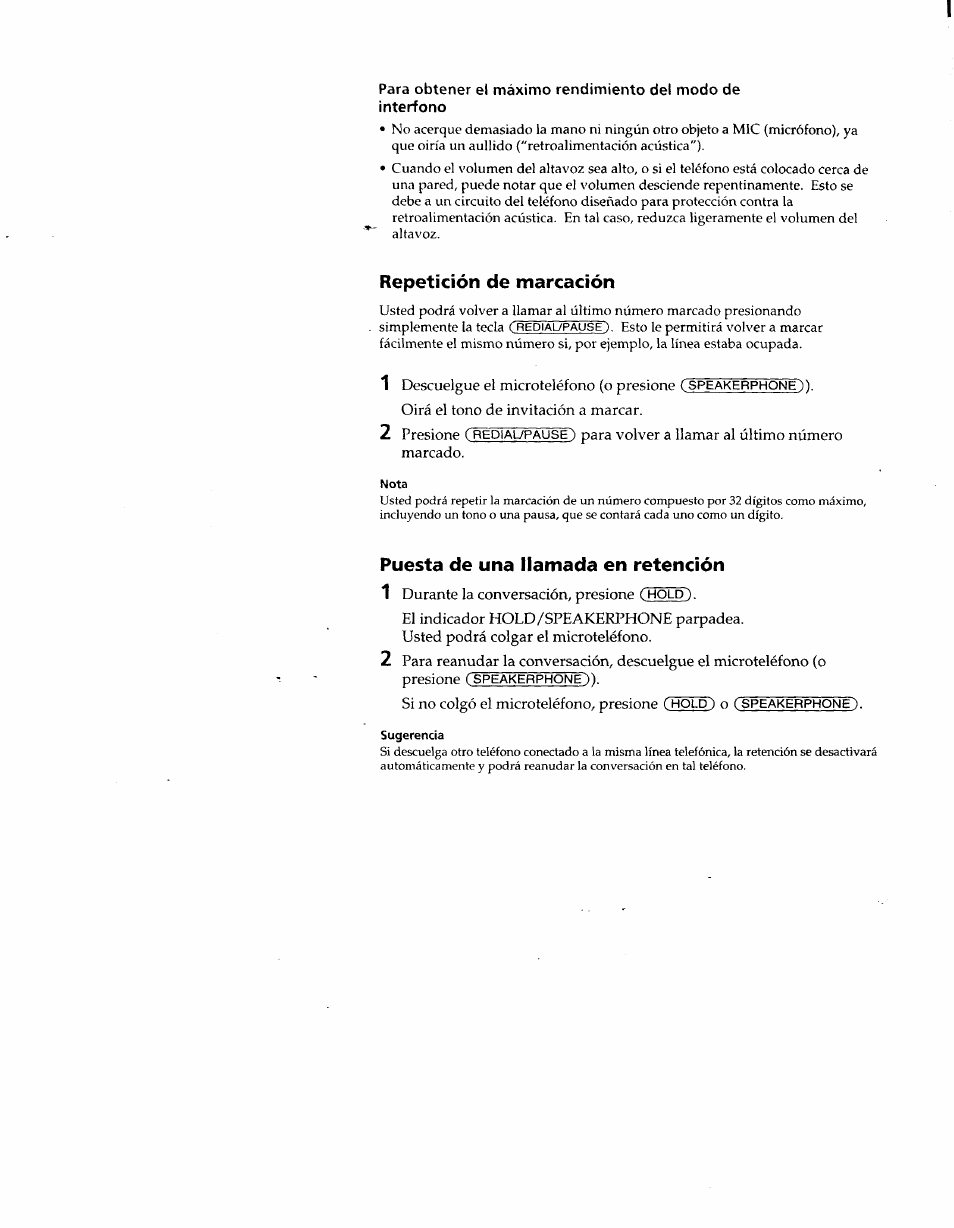 Repetición de marcación, Puesta de una llamada en retención | Sony IT-B9 User Manual | Page 24 / 28