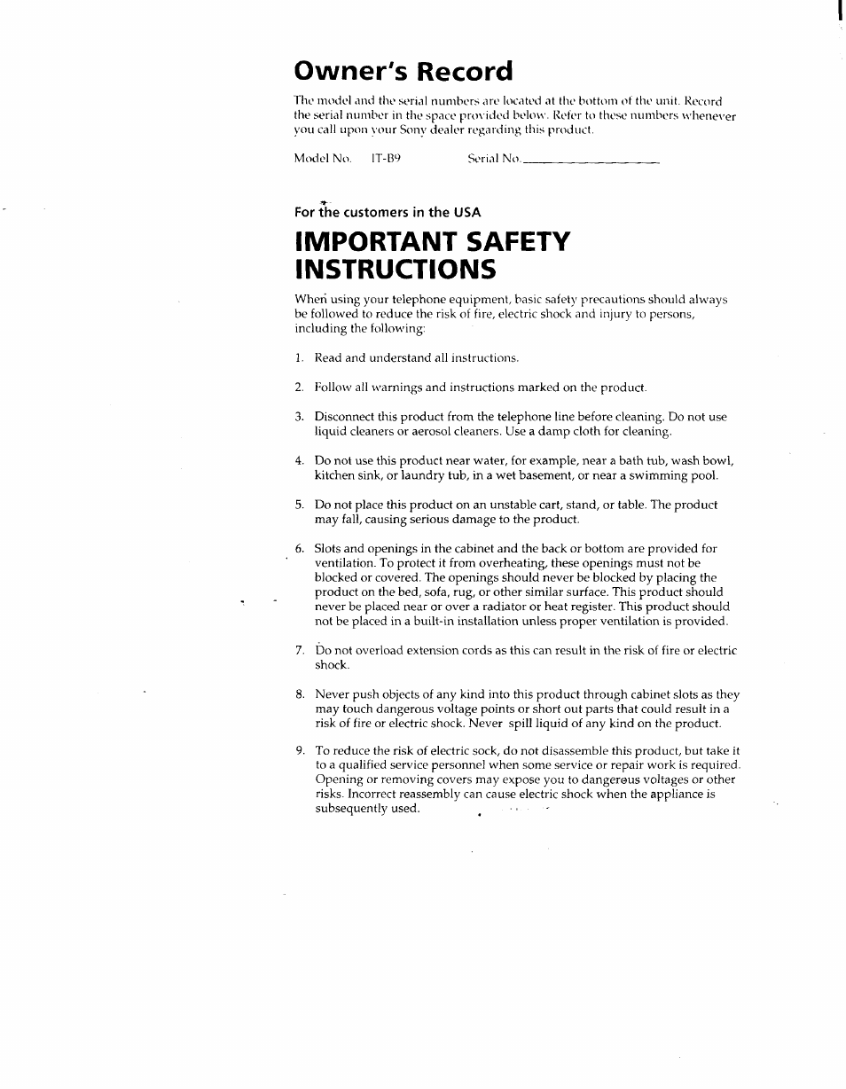 Owner's record, Important safety instructions | Sony IT-B9 User Manual | Page 3 / 28