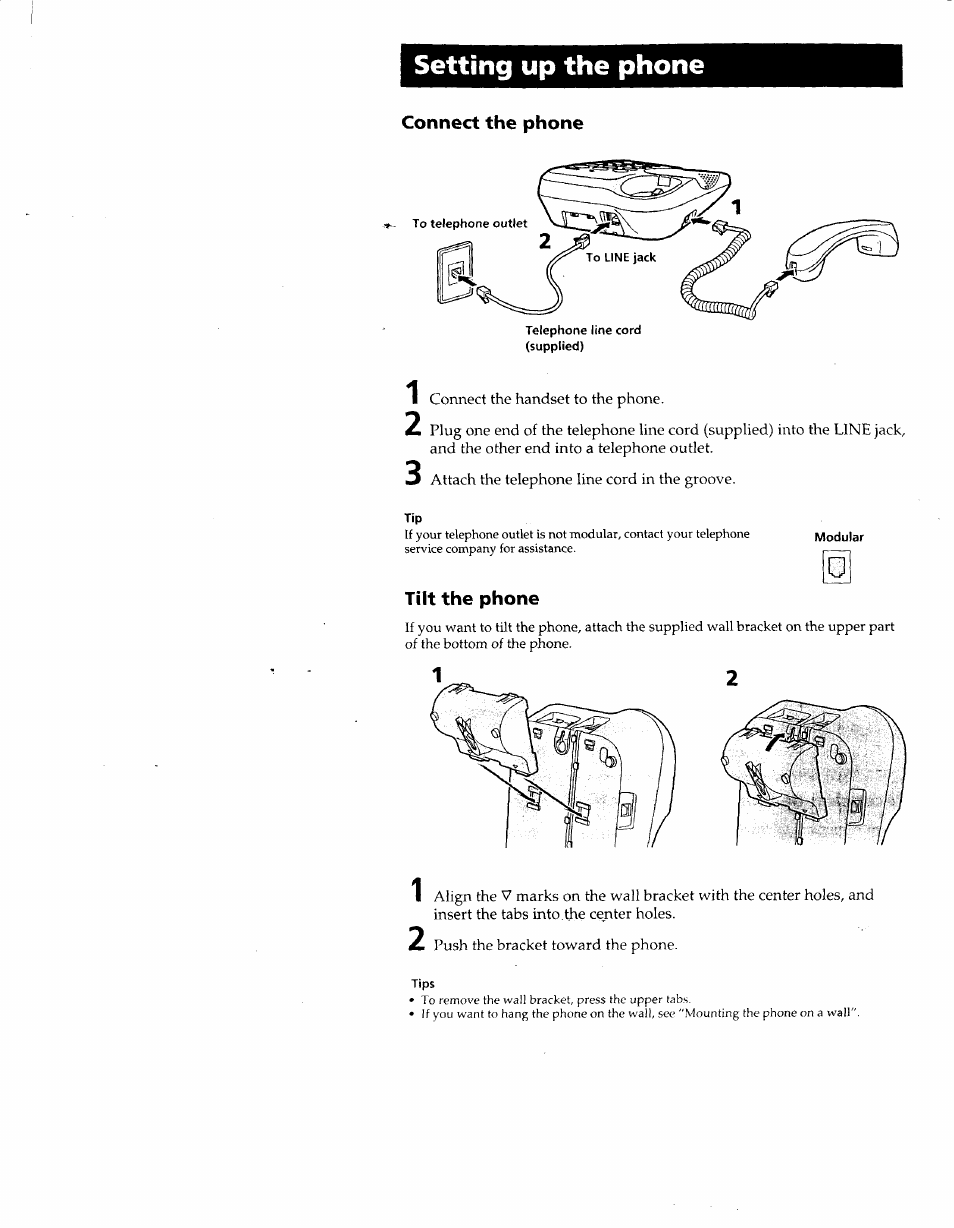 Setting up the phone, Connect the phone, Tilt the phone | Sony IT-B9 User Manual | Page 7 / 28