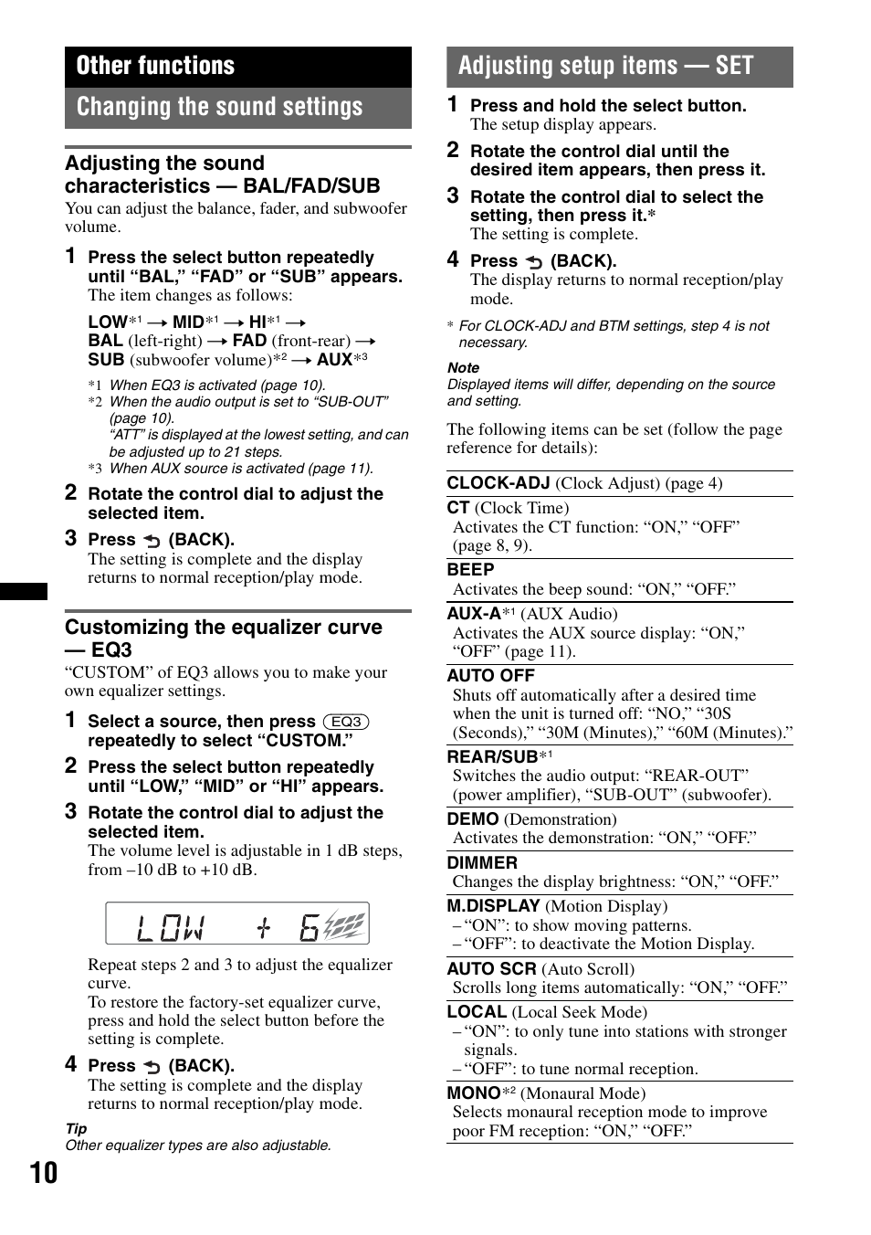 Other functions, Changing the sound settings, Adjusting the sound characteristics - bal/fad/sub | Customizing the equalizer curve - eq3, Adjusting setup items - set, Adjusting setup items — set, Other functions changing the sound settings | Sony CDX-GT25MPW User Manual | Page 10 / 36
