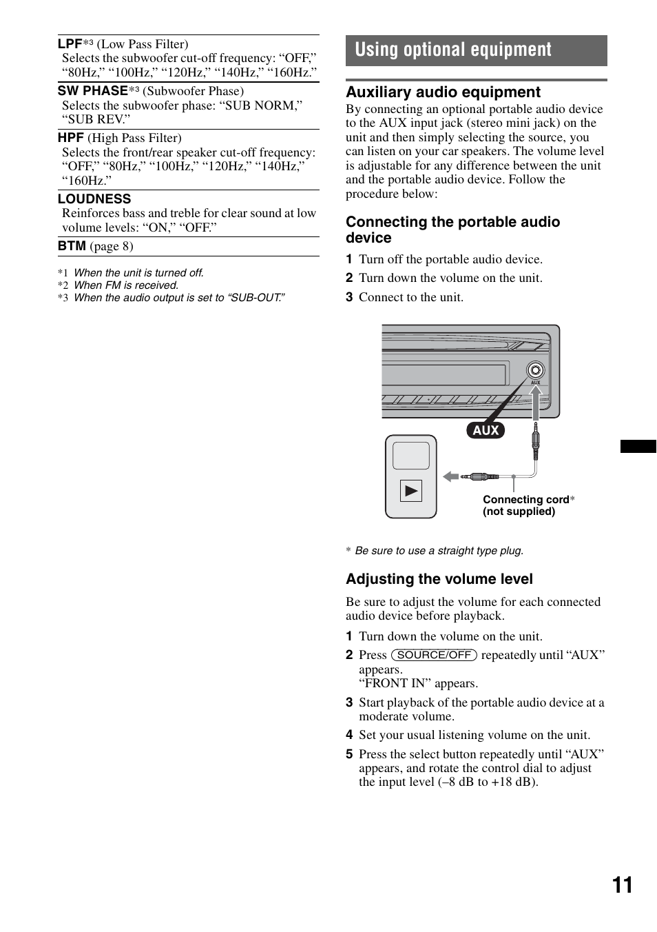 Using optional equipment, Auxiliary audio equipment | Sony CDX-GT25MPW User Manual | Page 11 / 36