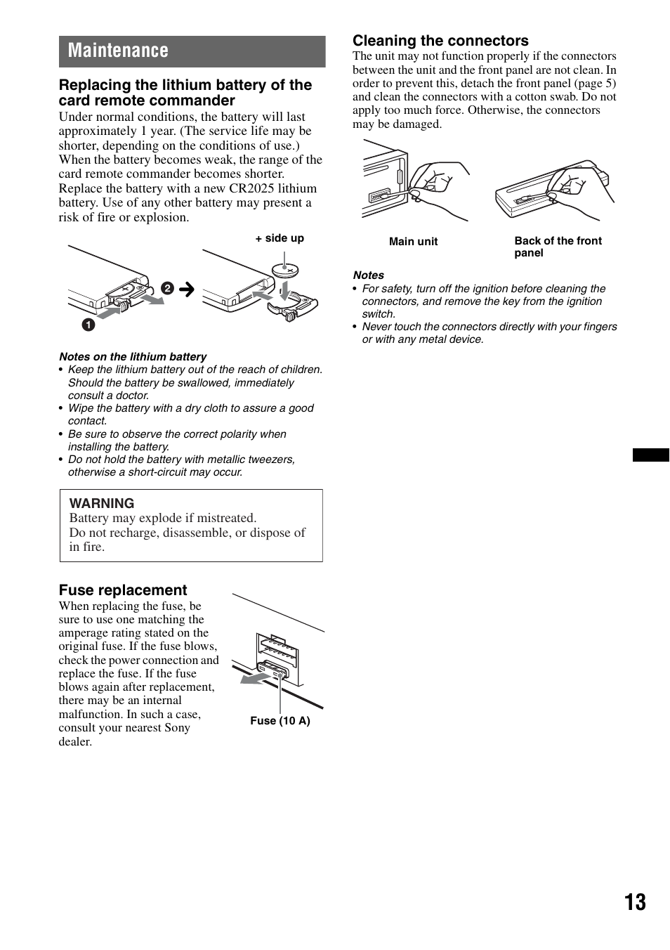 Maintenance | Sony CDX-GT25MPW User Manual | Page 13 / 36