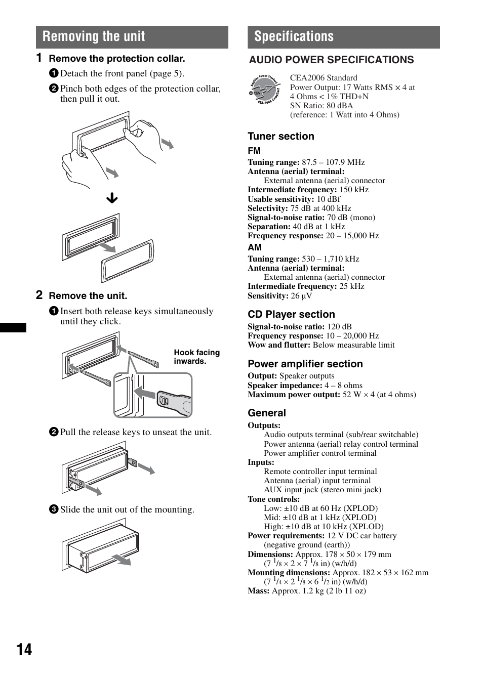 Removing the unit, Specifications, Removing the unit specifications | Sony CDX-GT25MPW User Manual | Page 14 / 36