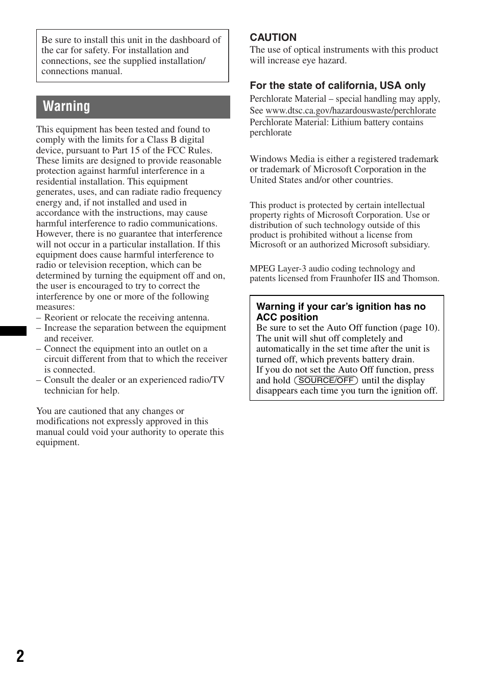Warning | Sony CDX-GT25MPW User Manual | Page 2 / 36
