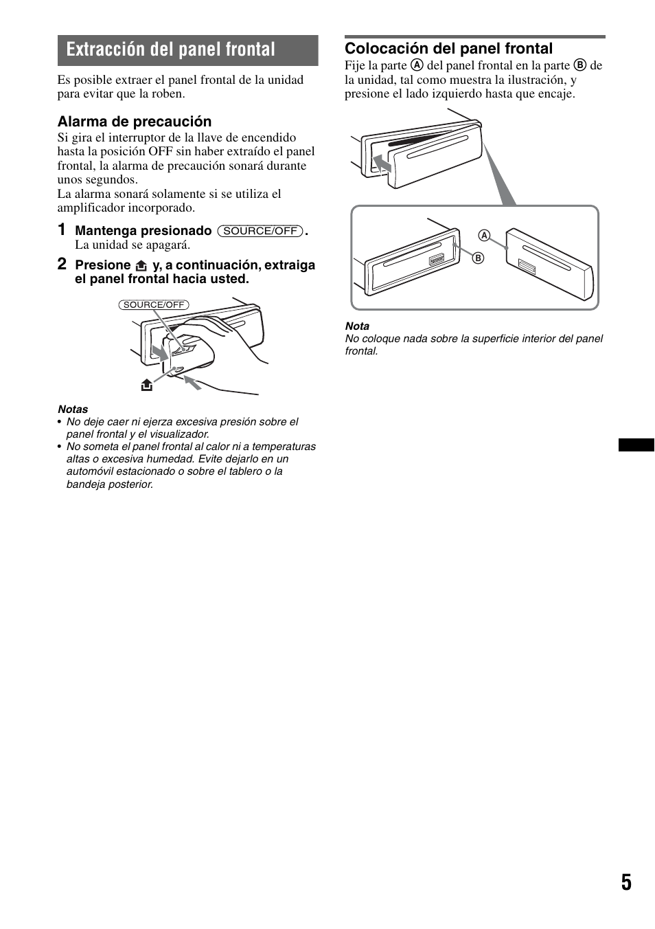 Extracción del panel frontal, Colocación del panel frontal | Sony CDX-GT25MPW User Manual | Page 21 / 36