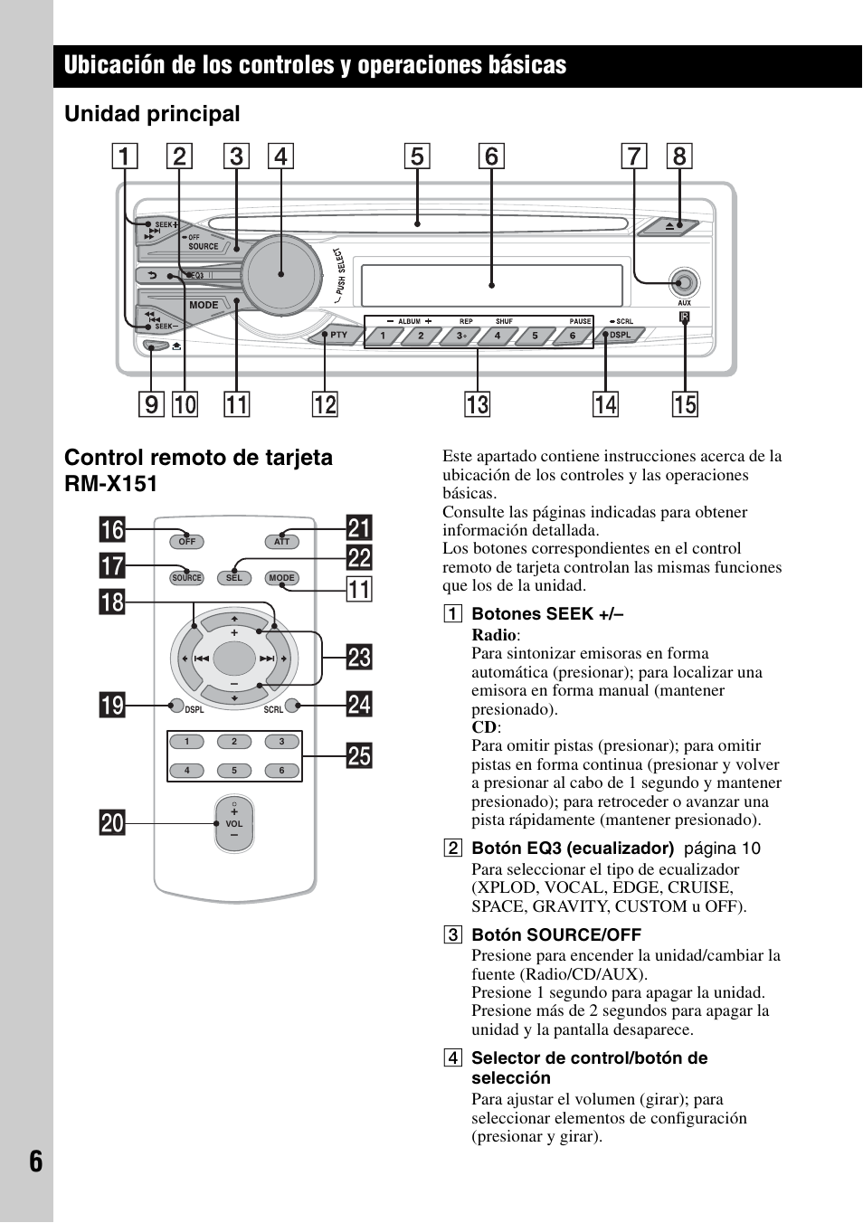 Ubicación de los controles y operaciones básicas, Unidad principal, Control remoto de tarjeta rm-x151 | Unidad principal control remoto de tarjeta rm-x151, Qj ws qa qh wf qk ql wa w; wg wd | Sony CDX-GT25MPW User Manual | Page 22 / 36