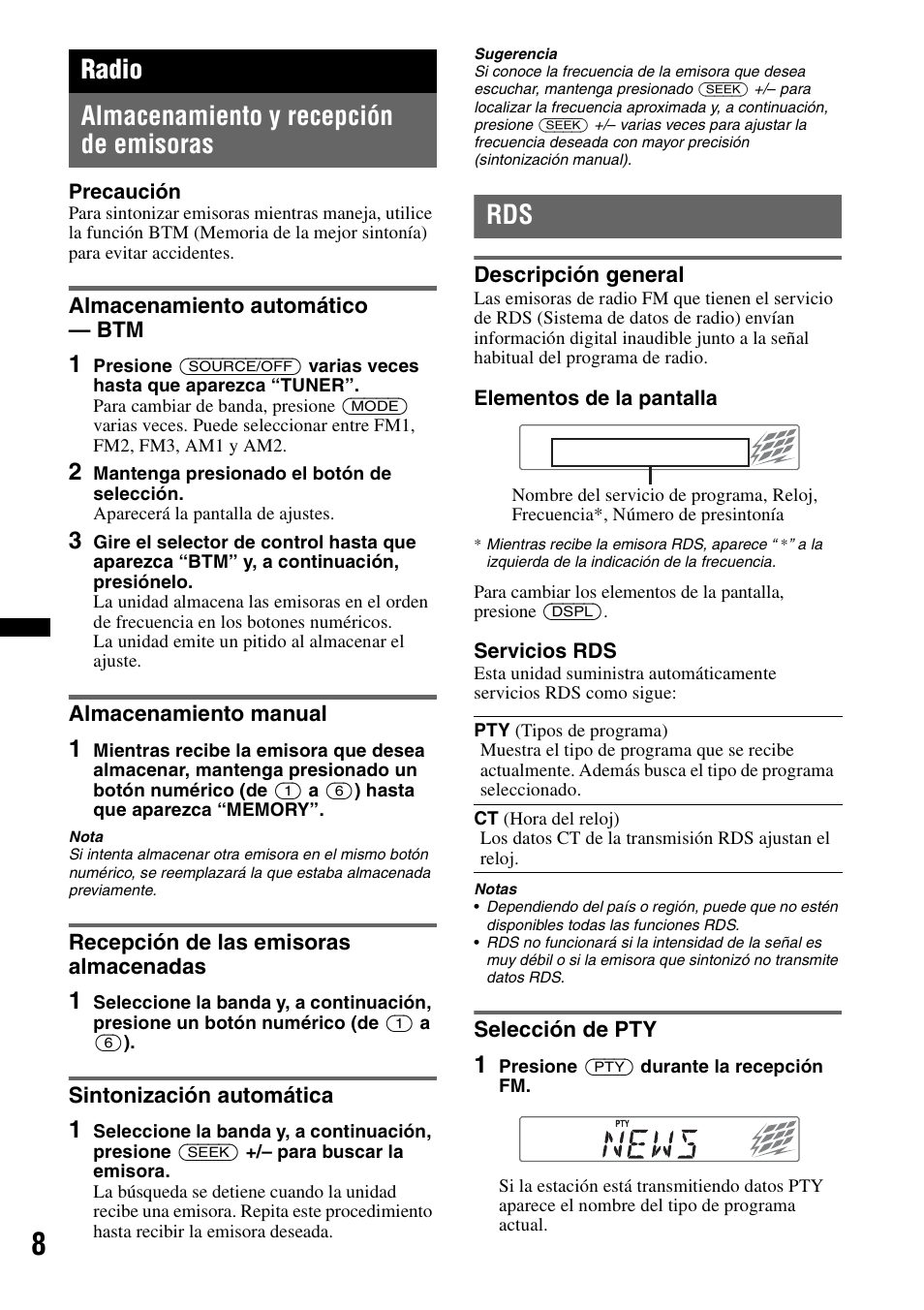 Radio, Almacenamiento y recepción de emisoras, Almacenamiento automático - btm | Almacenamiento manual, Recepción de las emisoras almacenadas, Sintonización automática, Descripción general, Selección de pty, Descripción general selección de pty, Radio almacenamiento y recepción de emisoras | Sony CDX-GT25MPW User Manual | Page 24 / 36