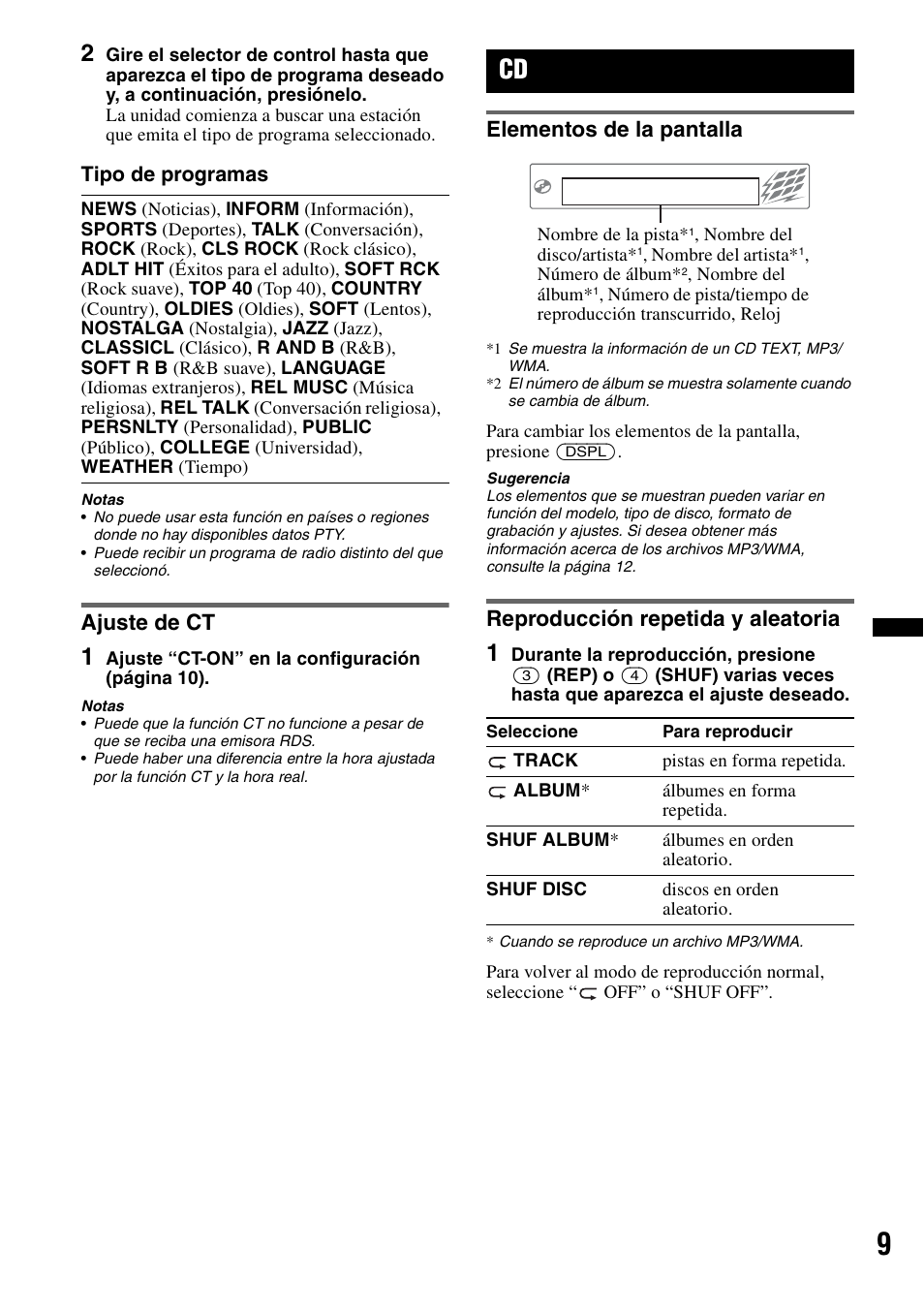 Ajuste de ct, Elementos de la pantalla, Reproducción repetida y aleatoria | Sony CDX-GT25MPW User Manual | Page 25 / 36