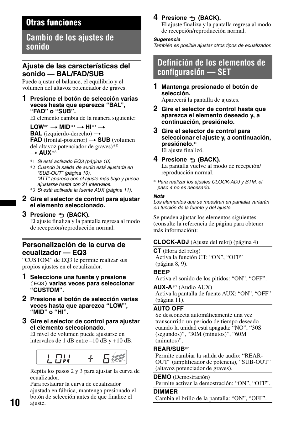 Otras funciones, Cambio de los ajustes de sonido, Personalización de la curva de ecualizador - eq3 | Definición de los elementos de configuración - set, Definición de los elementos de configuración — set, Otras funciones cambio de los ajustes de sonido | Sony CDX-GT25MPW User Manual | Page 26 / 36