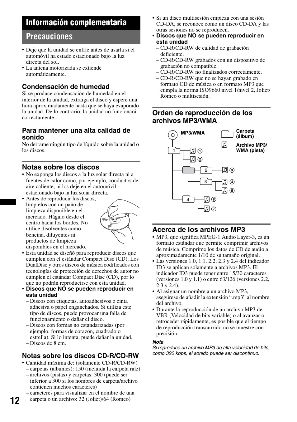 Información complementaria, Precauciones, Notas sobre los discos | Orden de reproducción de los archivos mp3/wma, Acerca de los archivos mp3, Información complementaria precauciones | Sony CDX-GT25MPW User Manual | Page 28 / 36