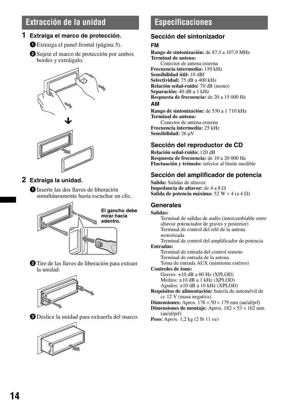 Extracción de la unidad, Especificaciones, Extracción de la unidad especificaciones | Sony CDX-GT25MPW User Manual | Page 30 / 36