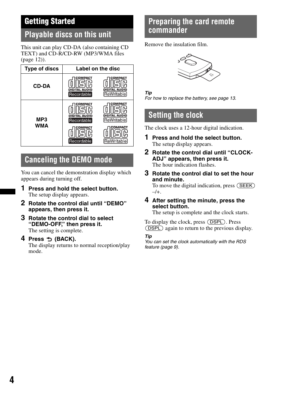 Getting started, Playable discs on this unit, Canceling the demo mode | Preparing the card remote commander, Setting the clock, Getting started playable discs on this unit | Sony CDX-GT25MPW User Manual | Page 4 / 36