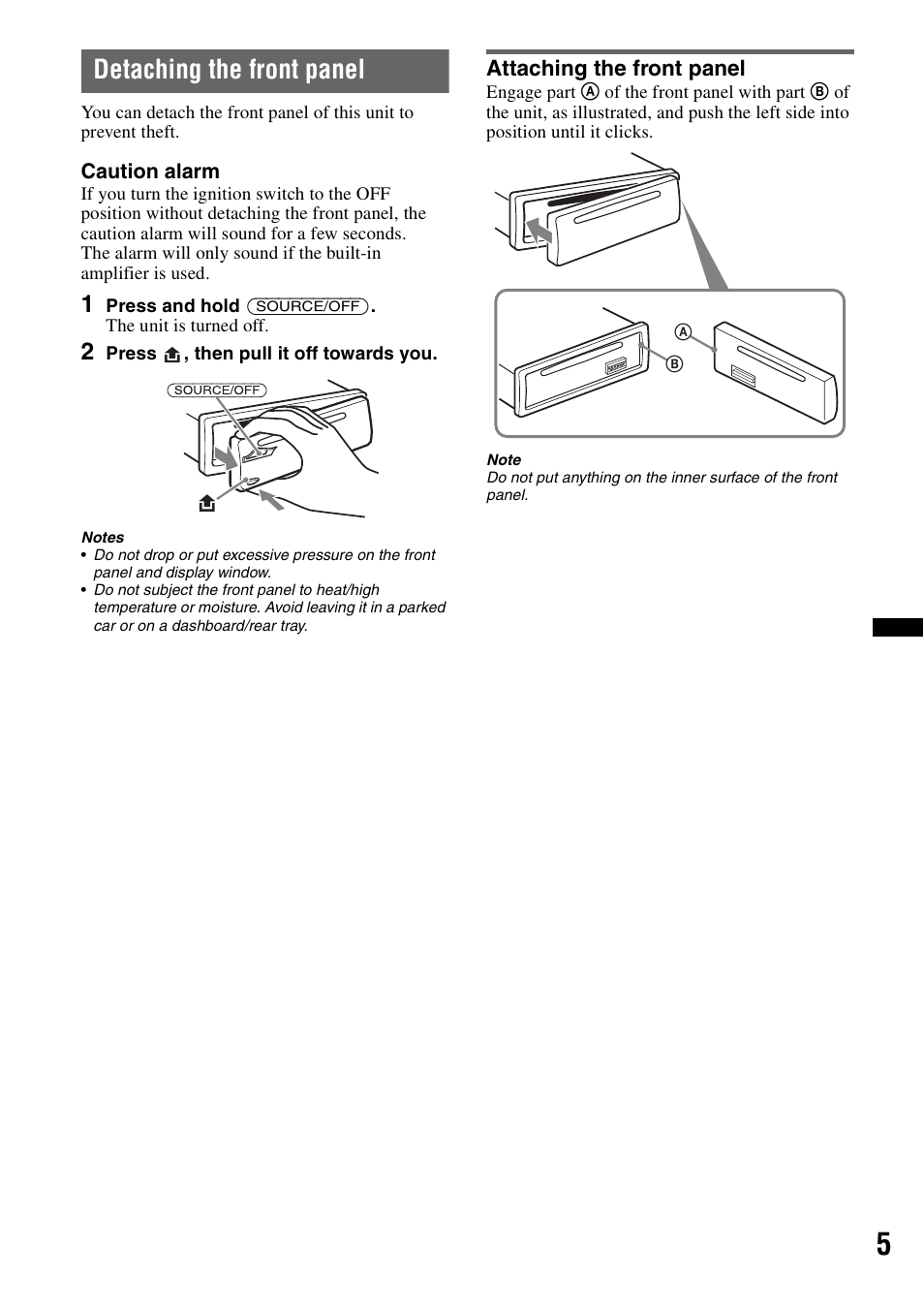 Detaching the front panel, Attaching the front panel | Sony CDX-GT25MPW User Manual | Page 5 / 36