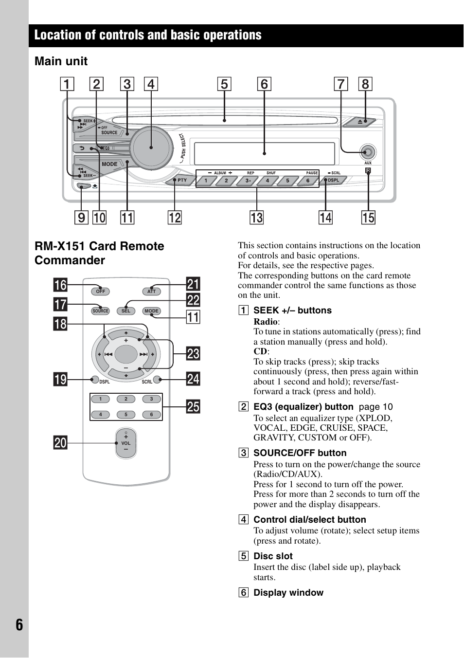 Location of controls and basic operations, Main unit, Rm-x151 card remote commander | Main unit rm-x151 card remote commander, Qj ws qa qh wf qk ql wa w; wg wd | Sony CDX-GT25MPW User Manual | Page 6 / 36