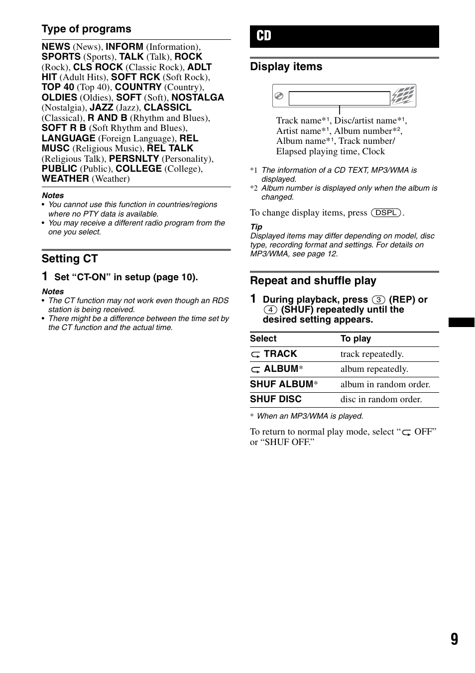 Setting ct, Display items, Repeat and shuffle play | Display items repeat and shuffle play | Sony CDX-GT25MPW User Manual | Page 9 / 36