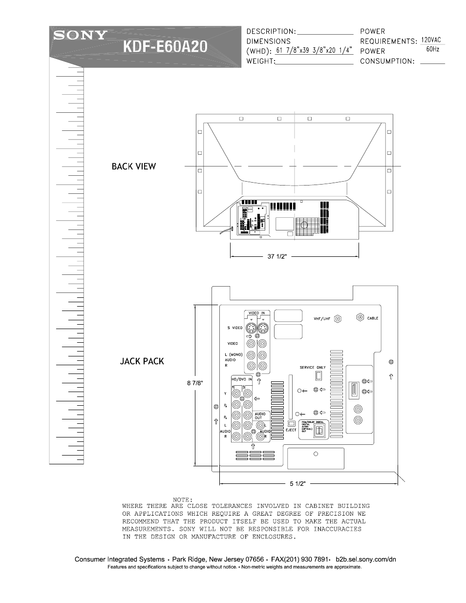 Sony, Kdf-e60a20, Back view | Jack pack | Sony KDF-E60A20 User Manual | Page 2 / 2