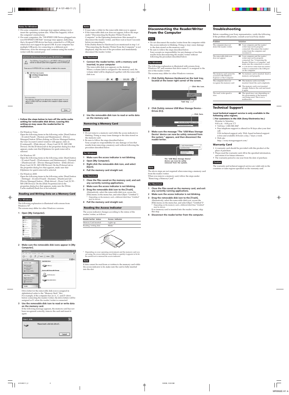 Disconnecting the reader/writer from the computer, Troubleshooting, Technical support | Sony MRW66E-H1 User Manual | Page 2 / 2