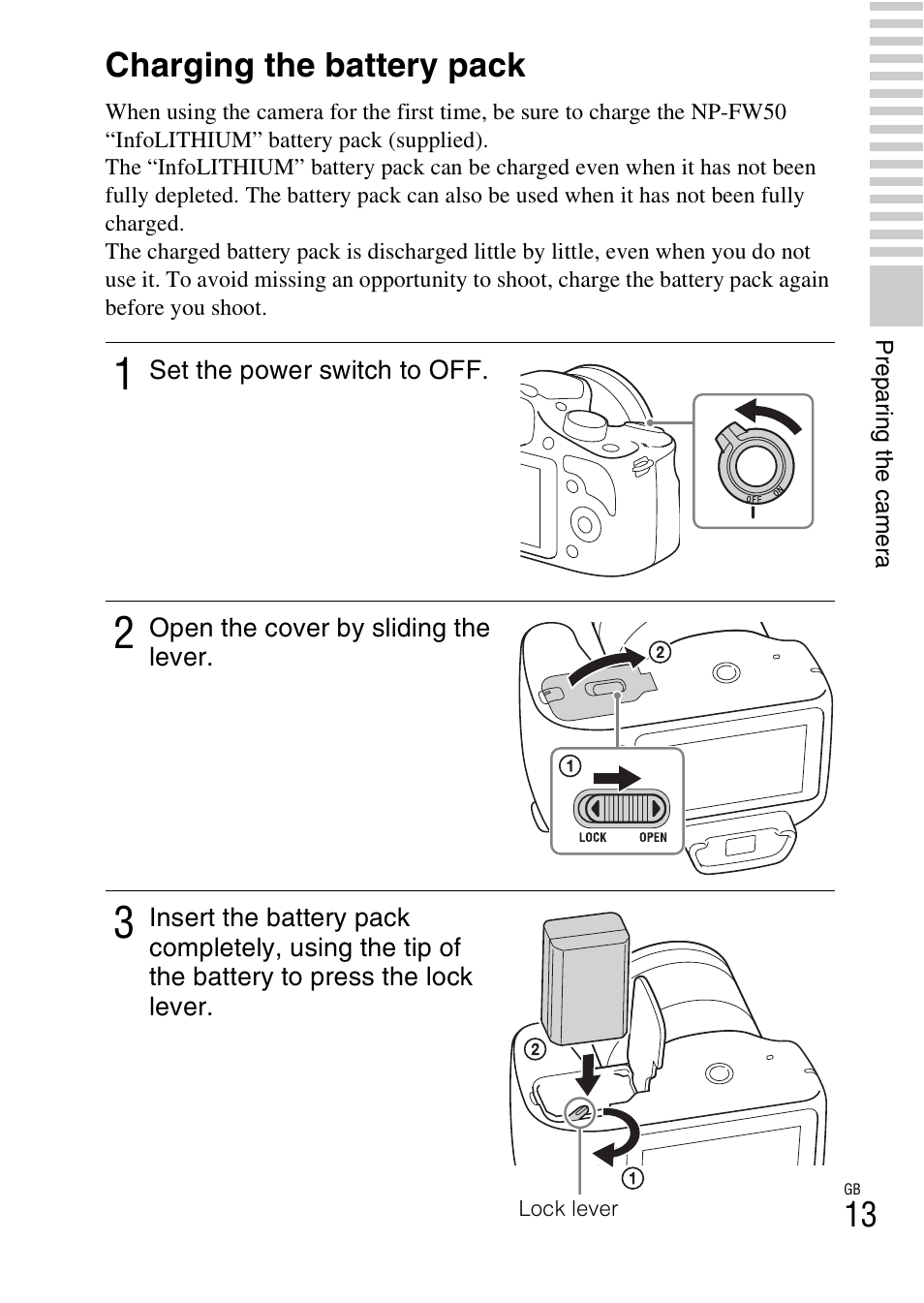 Charging the battery pack | Sony ILCE-3000 User Manual | Page 13 / 92