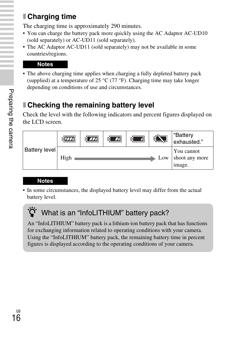 Xcharging time, Xchecking the remaining battery level, What is an “infolithium” battery pack | Sony ILCE-3000 User Manual | Page 16 / 92